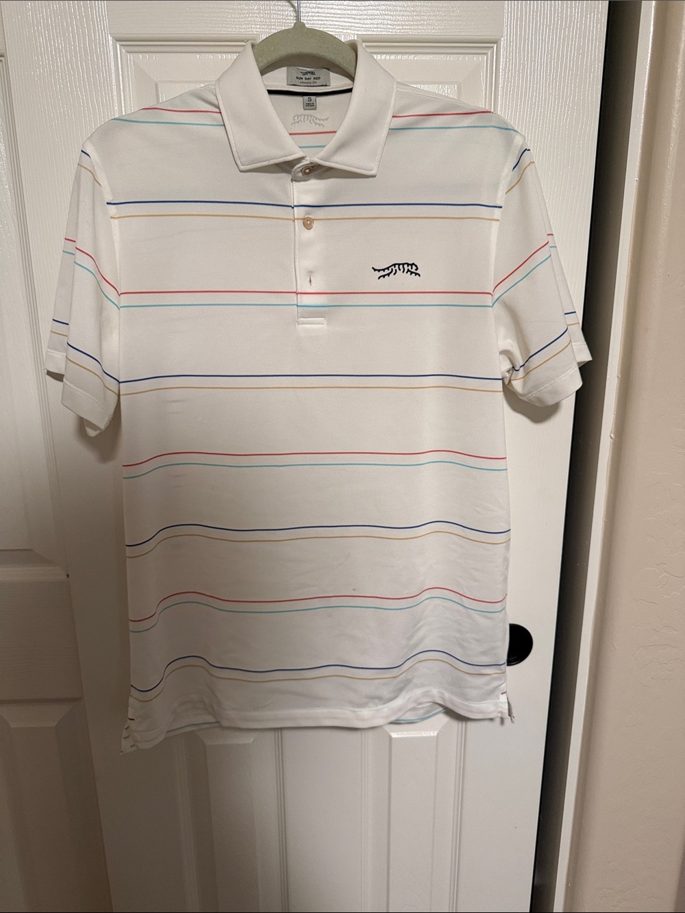 Sun Day Red  Striped Polo Shirt with Subtle Multicolor Lines